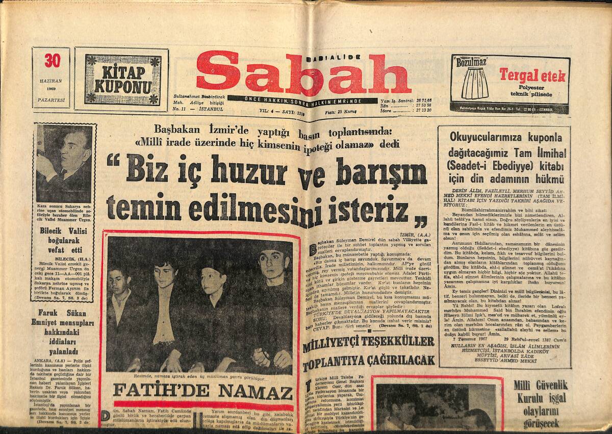 Sabah Gazetesi 30 Haziran 1969 - Kocaeli Sanayi Sergisine 57 Firma Katıldı - Faruk Sükan Emniyet Mensupları Hakkındaki İddiaları Yalanladı GZ149887 - 1