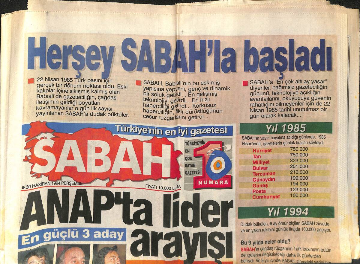 Sabah Gazetesi 30 Haziran 1994 - ANAP'ta Lider Arayışı - Sabancı'dan Polise Ödül GZ153028 - 1