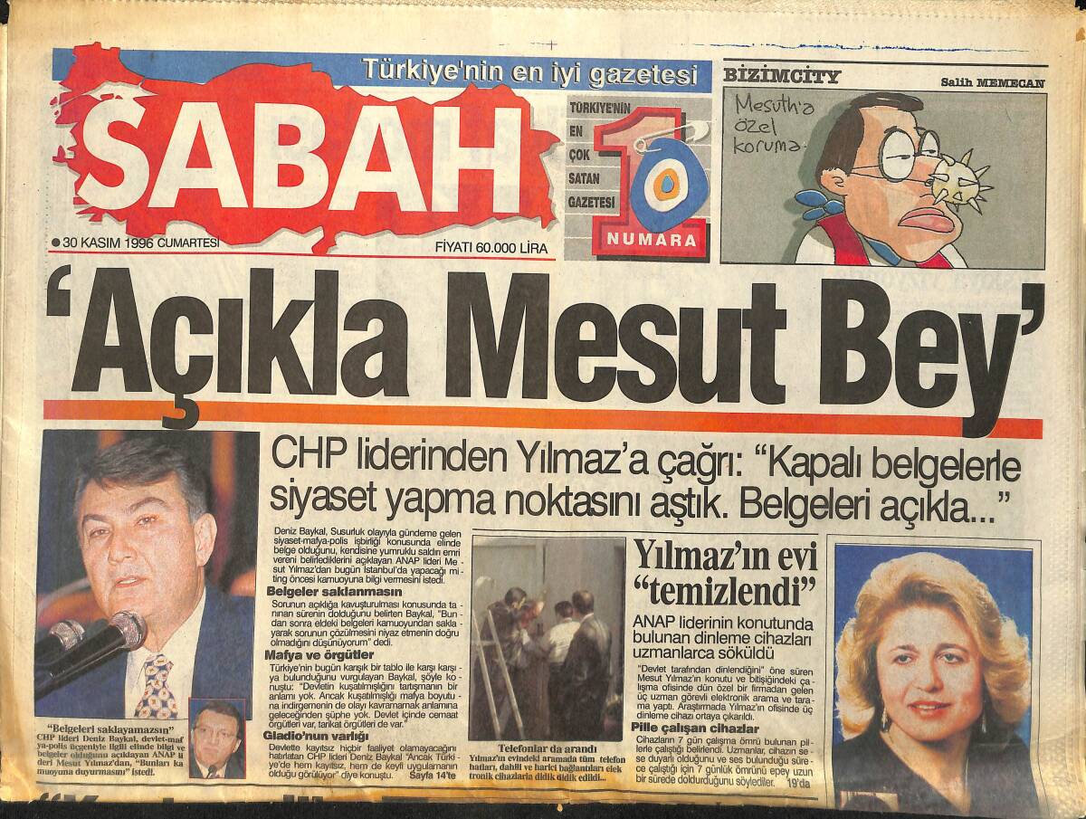 Sabah Gazetesi 30 Kasım 1996 - Borsa'da Rekor Günü - Cezayir'de Dinci Parti Yasaklandı GZ155418 - 1