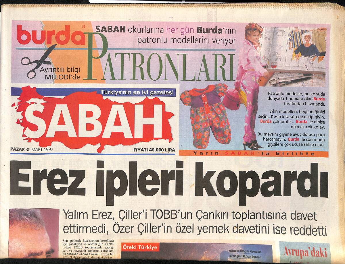 Sabah Gazetesi 30 Mart 1997 - Erez İpleri Kopardı - Galatasaray'da Arif Sakatlandı GZ155517 - 1