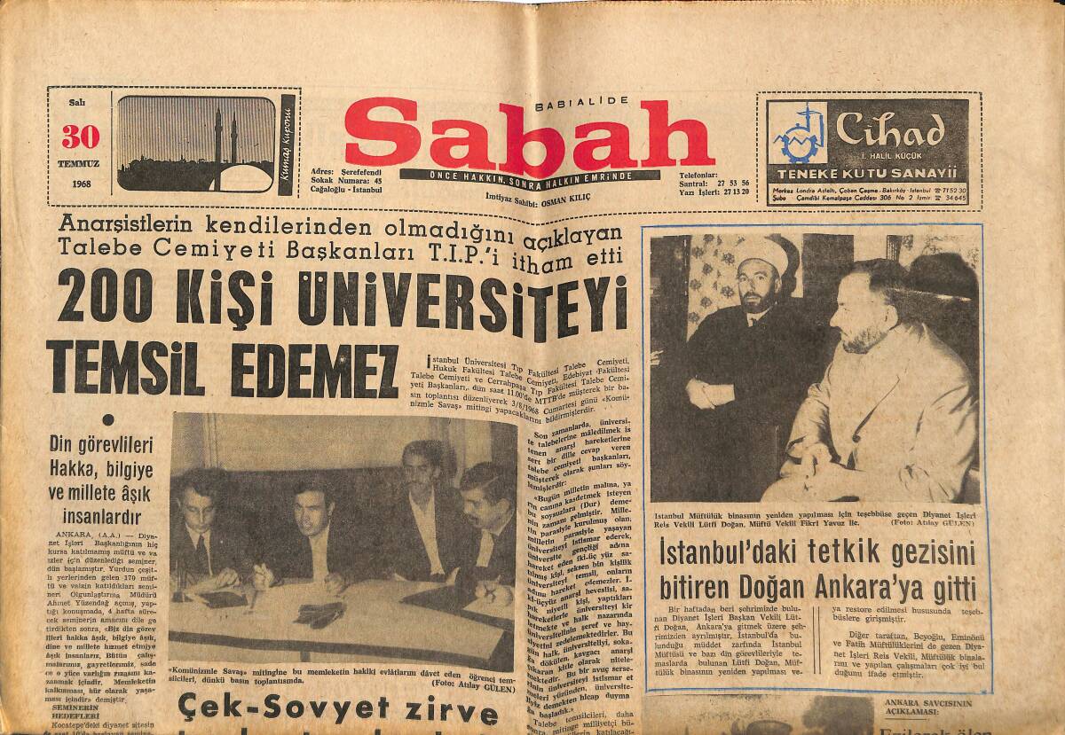 Sabah Gazetesi 30 Temmuz 1968 - İstanbul'daki Tetkik Gezisini Bitiren Doğan Ankara'ya Gitti GZ149893 - 1