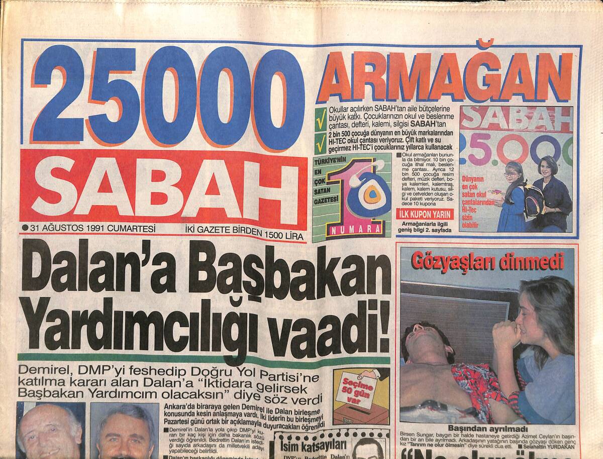 Sabah Gazetesi 31 Ağustos 1991 - İnönü'nün Merkez Yoklaması İsteği Kabul Edilmedi - Azerbaycan da Artık Bağımsız GZ150144 - 1
