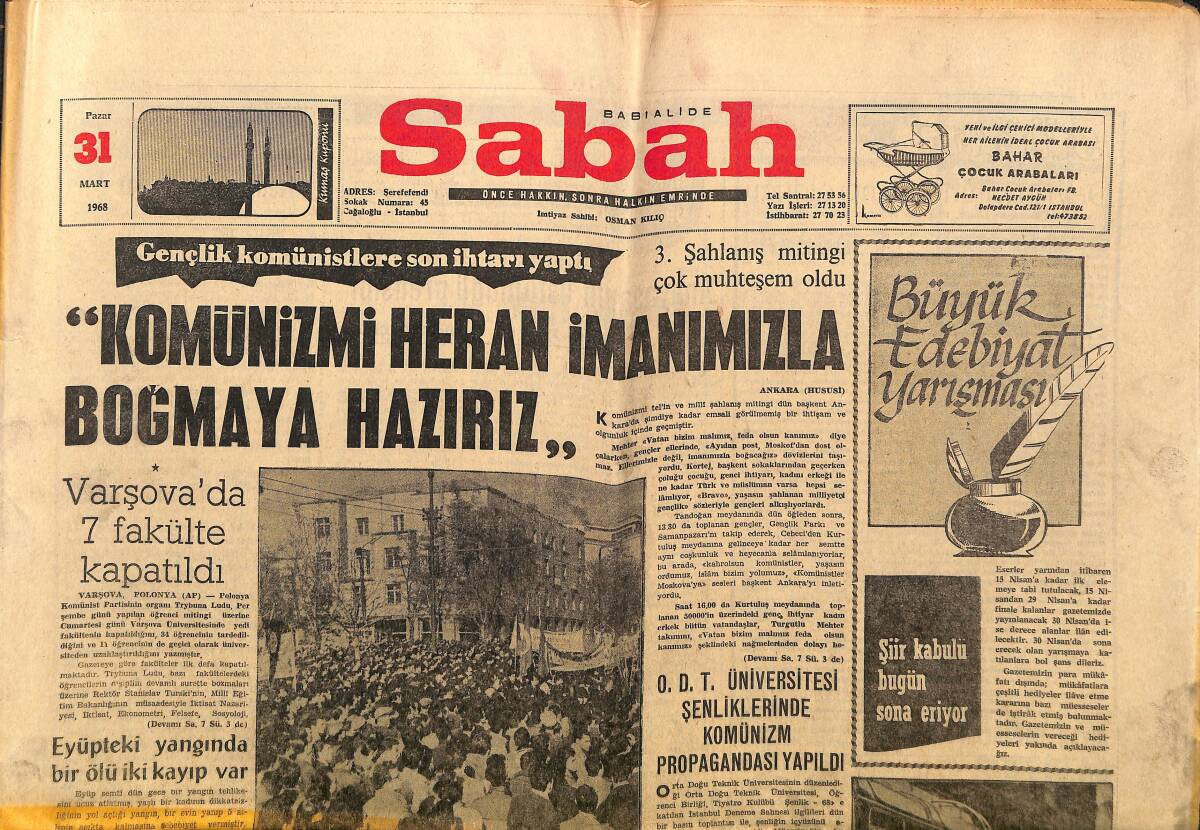 Sabah Gazetesi 31 Mart 1968 - Tekel İşçileri Grevden Vazgeçti - Varşova'da 7 Fakülte Kapatıldı GZ149719 - 1