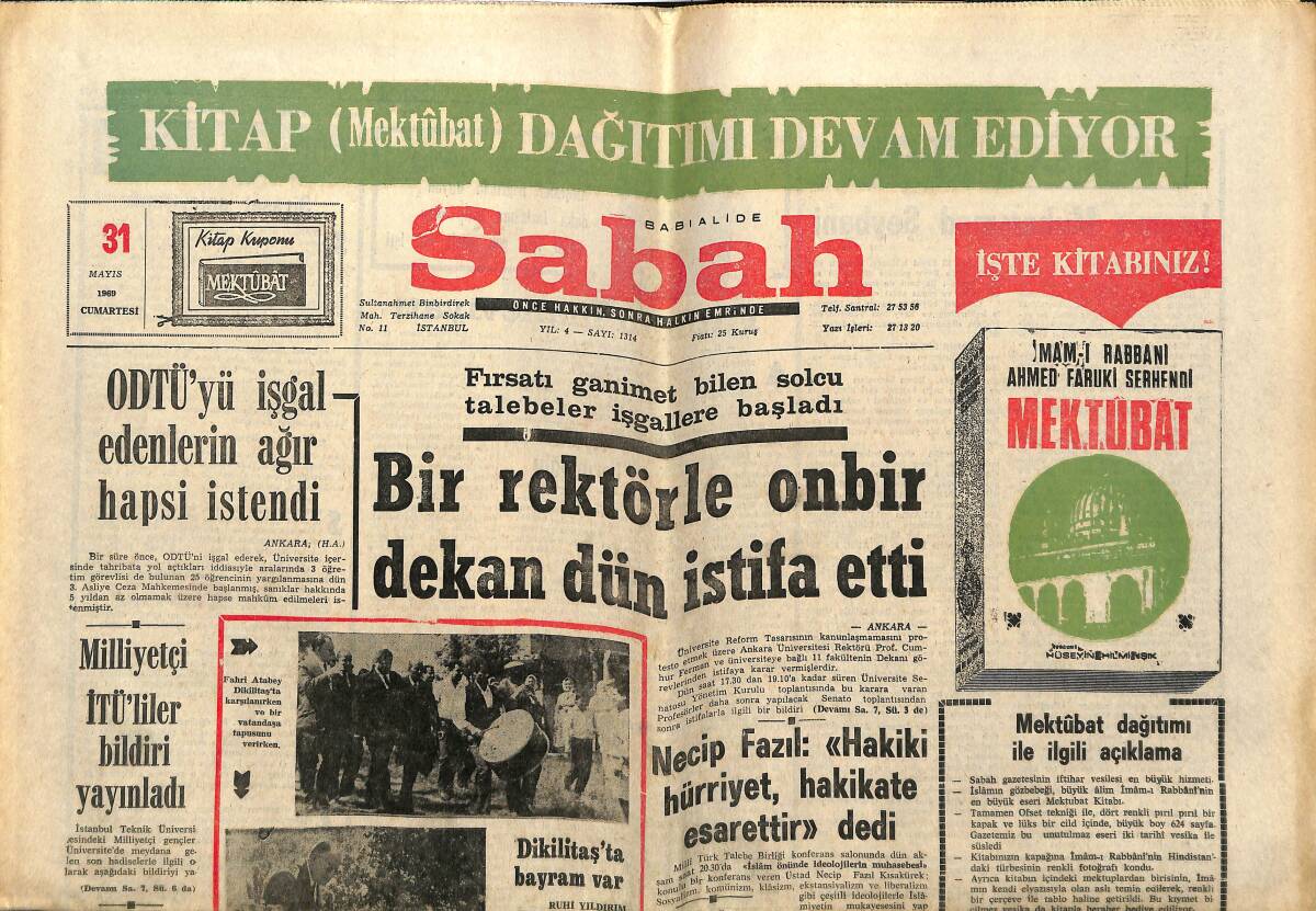 Sabah Gazetesi 31 Mayıs 1969 - ODTÜ'yü İşgal Edenlerin Ağır Hapsi İstendi - Dikilitaş'ta Bayram Var GZ150092 - 1
