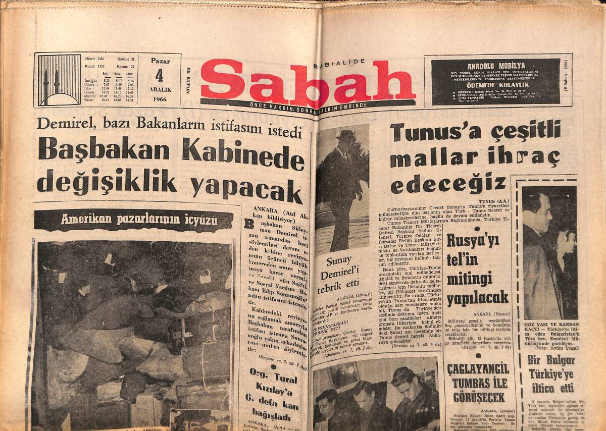 Sabah Gazetesi 4 Aralık 1966 - CHP Eminönü Merkezinin Mallarını Haczedildi - Tunus'a Çeşitli Mallar İhraç Edeceğiz GZ150167 - 1
