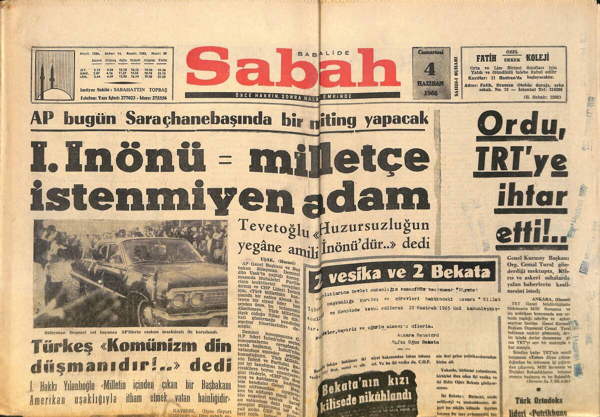 Sabah Gazetesi 4 Haziran 1966 - Ordu , TRT'ye İhtar Etti - TİP Vatandaşı Tahrik Ediyor GZ160447 - 1