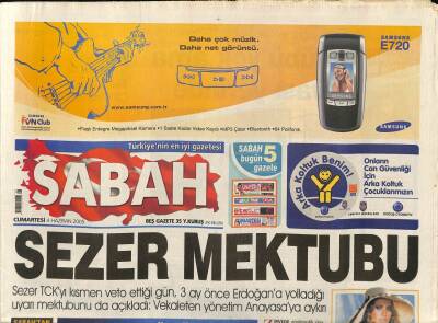 Sabah Gazetesi 4 Haziran 2005 - Sezer TCKyı Kısmen Veto Ettiği Gün , 3 Ay Önce Erdoğana Yolladığı Uyarı Mektubunu da Açıkladı GZ93669 - 1