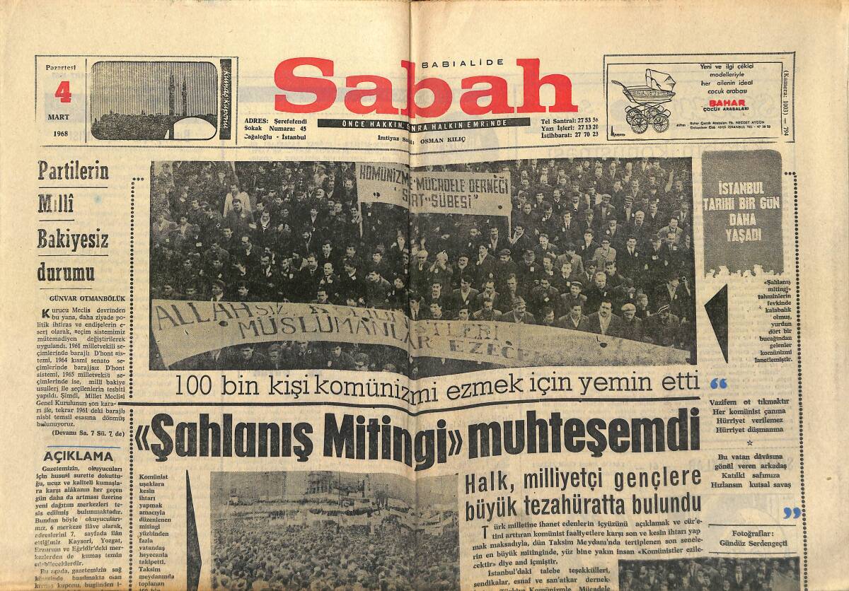 Sabah Gazetesi 4 Mart 1968 - 204. Randevuda Galatasaray Nakavt Oldu Fenerbahçe 3-0 Galatasaray - 100 Bin Kişi Komünizmi Ezmek İçin Yemin Etti GZ149984 - 1