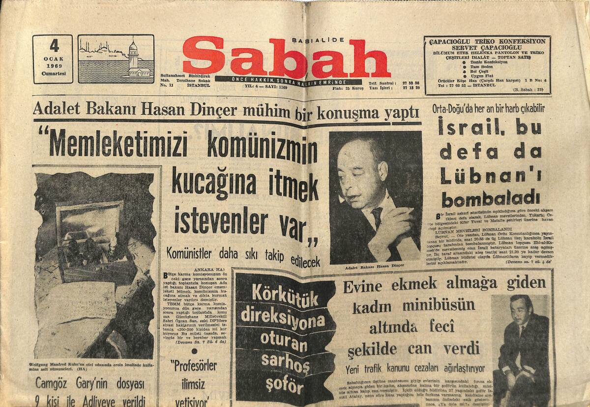 Sabah Gazetesi 4 Ocak 1969 - İsrail , Bu Defa da Lübnan'ı Bombaladı - İlim Adamı Prof. Turhan Defnedildi GZ149901 - 1