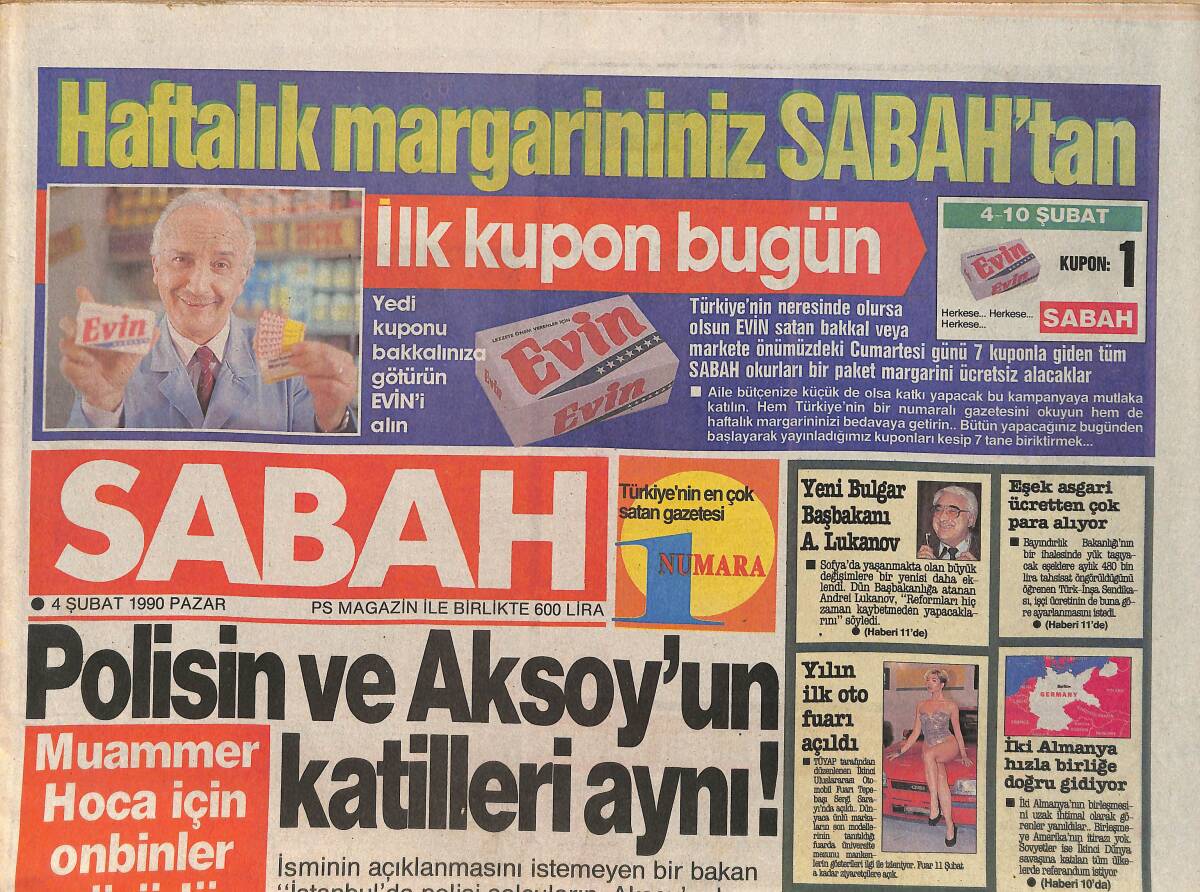 Sabah Gazetesi 4 Şubat 1990 - Seksi Assoliste Sağlam Sevgili - Polisin Ve Aksoy'un Katilleri Aynı GZ2565 - 1