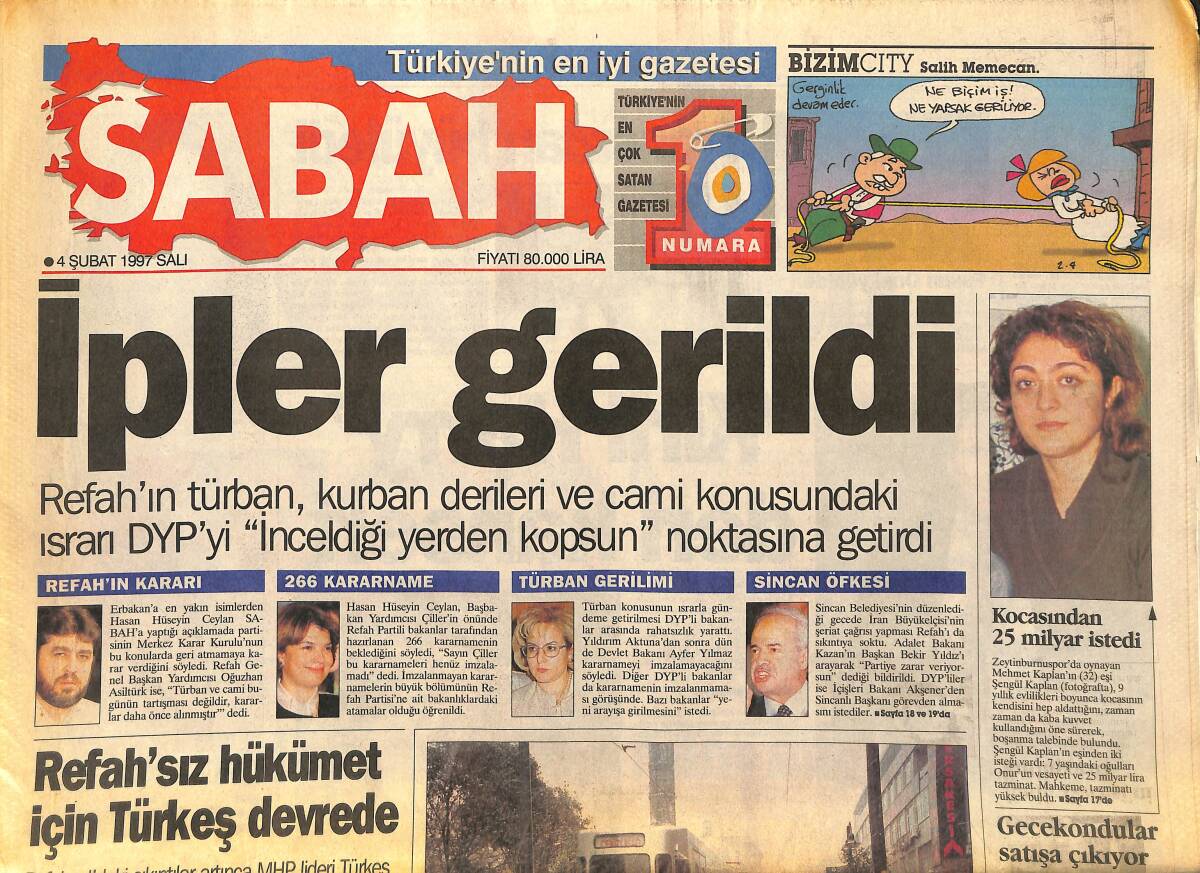 Sabah Gazetesi 4 Şubat 1997 - Refah'sız Hükümet İçin Türkeş Devrede - MHP'li İlçe Başkanı Kaçırılıp Öldürüldü GZ148002 - 1