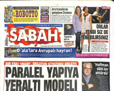 Sabah Gazetesi 4 Şubat 2014 - Halepte Yine Varil Bombası 24 Ölü - Hoffman Dahi Bir Aktördü GZ98472 - 1