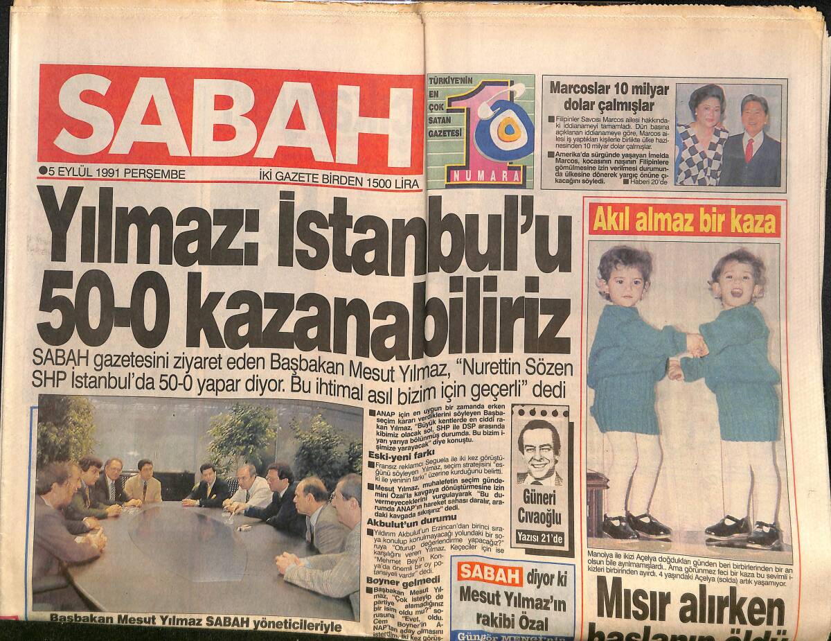 Sabah Gazetesi 5 Eylül 1991 - Almanya , Yugoslav Ordusuna Dur Dedi - Marcoslar 10 Milyar Dolar Çalmışlar GZ150326 - 1