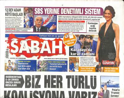Sabah Gazetesi 5 Eylül 2013 - Putin Kimyasal Kanıtlanırsa BM Kararına Razı Oluruz - Ermenistandan Yaşar Kemale Nişan GZ116623 - 1
