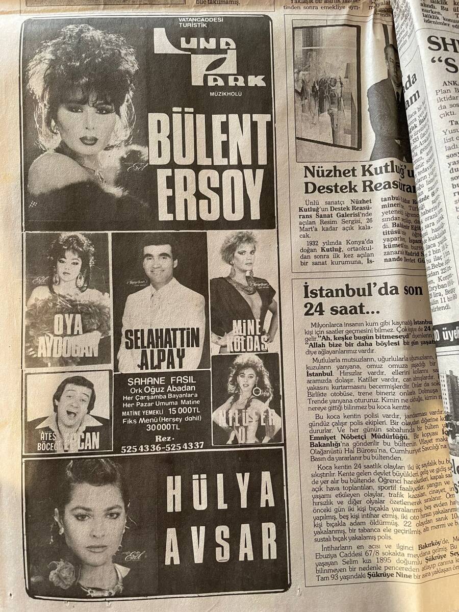 Sabah Gazetesi 5 Mart 1988 - Sabancı: Bu Pahalılıkta Ben De Geçinemiyorum - Bülent Ersoy, Hülya Avşar, Oya Aydoğan Konser Afiş GZ143319 - 2