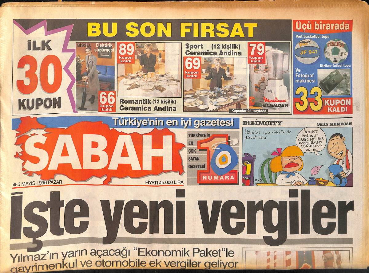 Sabah Gazetesi 5 Mayıs 1996 - Tarkan Hasret Giderdi - Sudan'da Uçak Kazası : 50 Ölü Var GZ155483 - 1