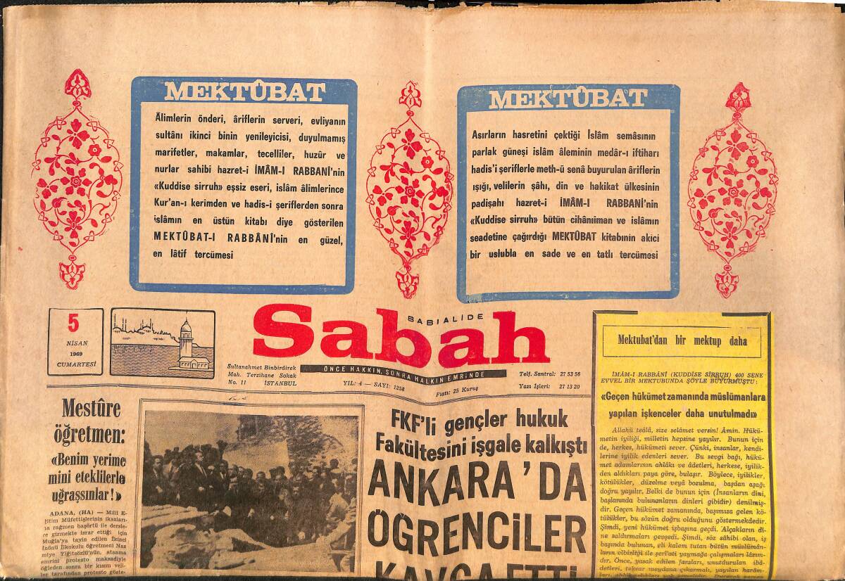 Sabah Gazetesi 5 Nisan 1969 - Amerikan Büyükelçisi Commer Görevden Ayrıldı - Adnan Süvari Çiviciliğe Başladı GZ149430 - 1