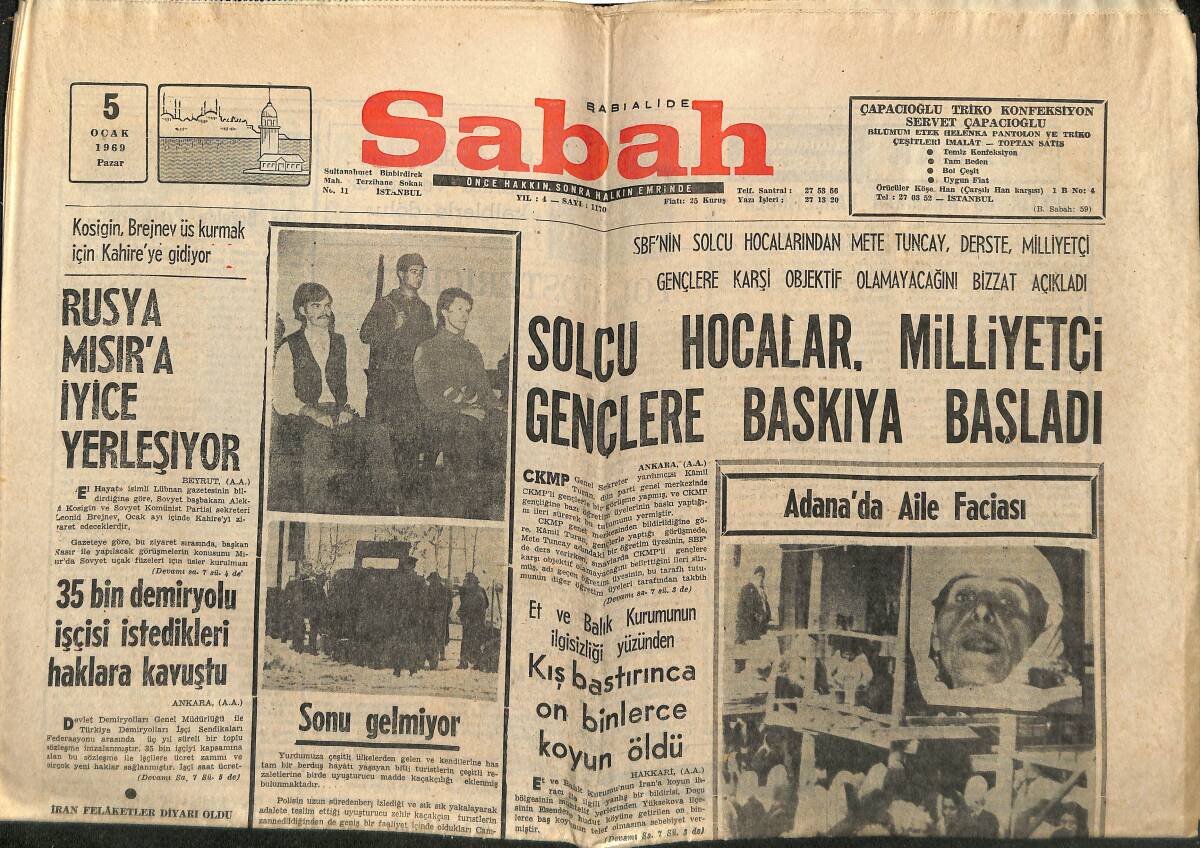 Sabah Gazetesi 5 Ocak 1969 - Rusya Mısır'a İyice Yerleşiyor - 35 Bin Demiryolu İşçisi İstedikleri Haklara Kavuştu GZ149899 - 1