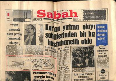 Sabah Gazetesi 5 Şubat 1968 - Kuran Yırtma Olayı Şahitlerinden Bir Kız Hastanelik Oldu GZ64056 - 2