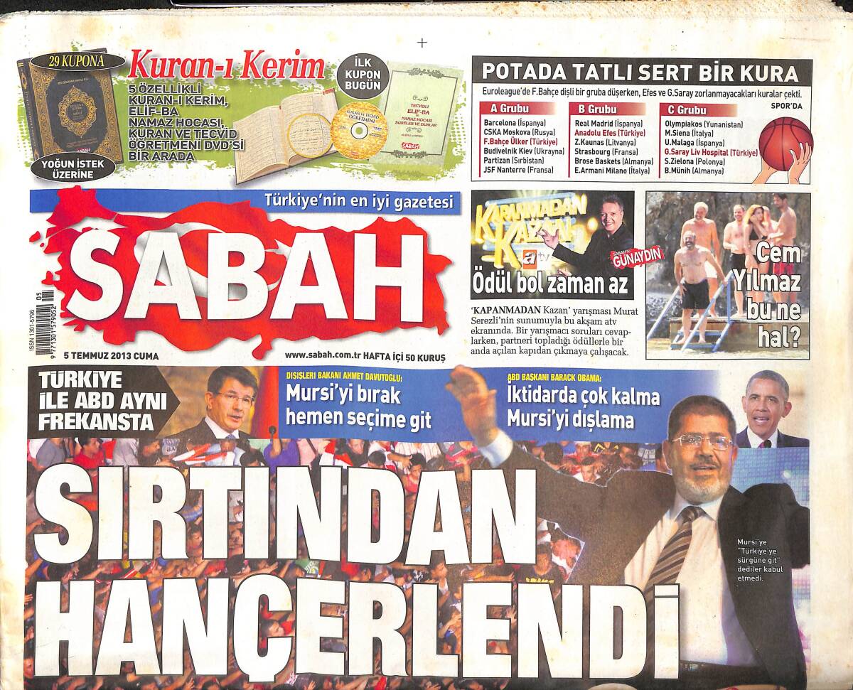 Sabah Gazetesi 5 Temmuz 2013 - Kanal İstanbul Onaya Gitti - İstanbul'da Mursi'ye Destek GZ135517 - 1