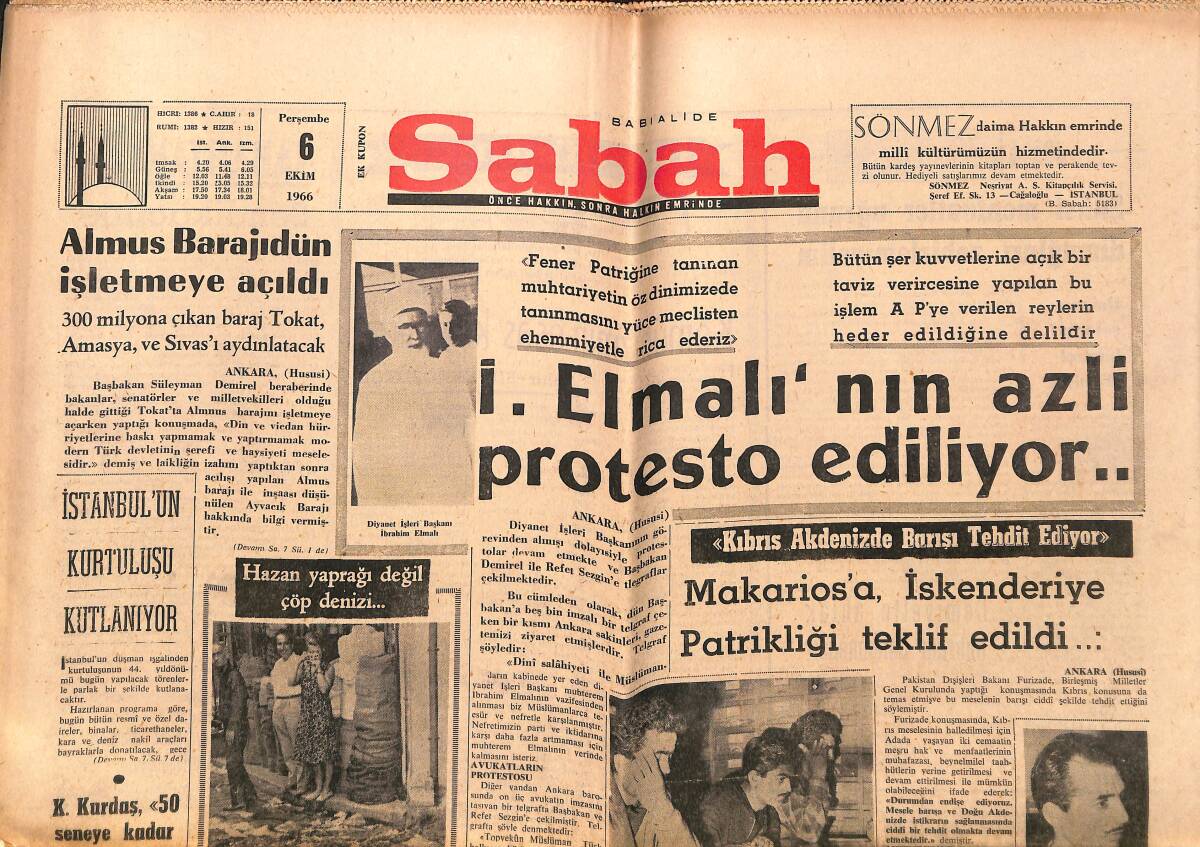 Sabah Gazetesi 6 Ekim 1966 - Pakistan, Kıbrıs Meselesinde Türkiye'yi Destekleyecek - Fenerbahçe Ankaragücü'nden Çekiniyor GZ149806 - 1