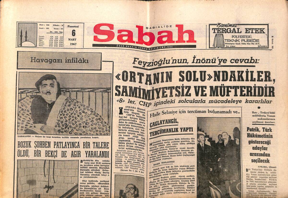 Sabah Gazetesi 6 Mart 1967 - Guraba Hastahanesi Bir Mezbelelik Halini Aldı ! - Çağlayangil Tercümanlık Yaptı GZ149733 - 1