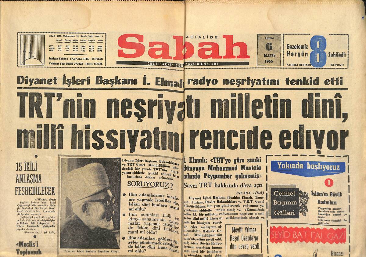 Sabah Gazetesi 6 Mayıs 1966 - TRT'nin Neşriyatı Milletin Dini, Milli Hissiyatını Rencide Ediyor - Demirel'e Açık Mektup GZ149963 - 1