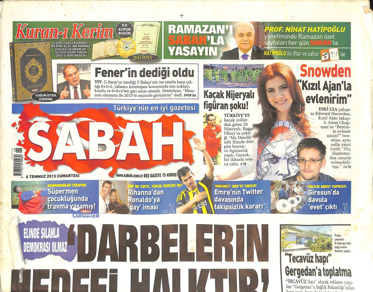 Sabah Gazetesi 6 Temmuz 2013 - Kaçak Nijeryalı Figüran Şoku! - Rihanna'dan Ronaldo'ya 'Gay' İması GZ135780 - 1