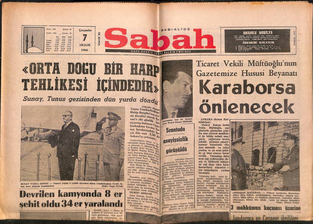 Sabah Gazetesi 7 Aralık 1966 - Orta Doğu Bir Harp Tehlikesi İçindedir - Ay'a İlk İnsan 1968'de Gönderilecek GZ149800 - 1