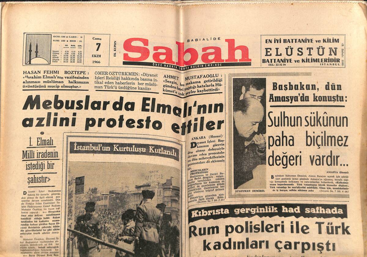 Sabah Gazetesi 7 Ekim 1966 - Mebuslarda Elmalı'nın Azlini Protesto Ettiler - Rum Polisleri İle Türk Kadınları Çarpıştı GZ150175 - 1