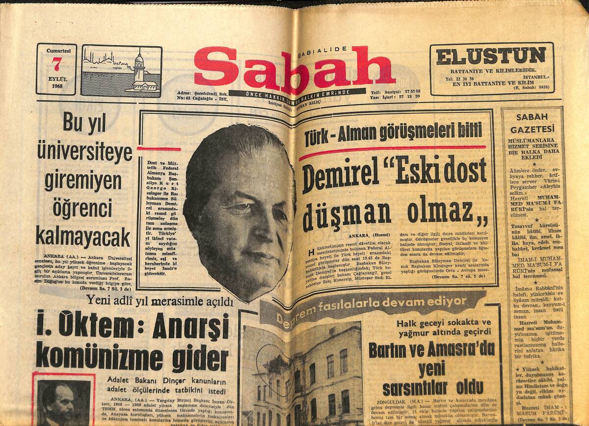 Sabah Gazetesi 7 Eylül 1968 - Türk-Alman Görüşmeleri Bitti - Bartın Ve Amasra'da Yeni Sarsıntılar Oldu GZ148836 - 1