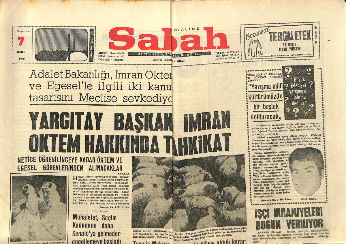 Sabah Gazetesi 7 Mart 1968 - Sağlık Bakanı V. Özkan F. Ayanoğlu İle Görüştü - Teknik Üniversitenin Kapatılması İstendi GZ149855 - 1