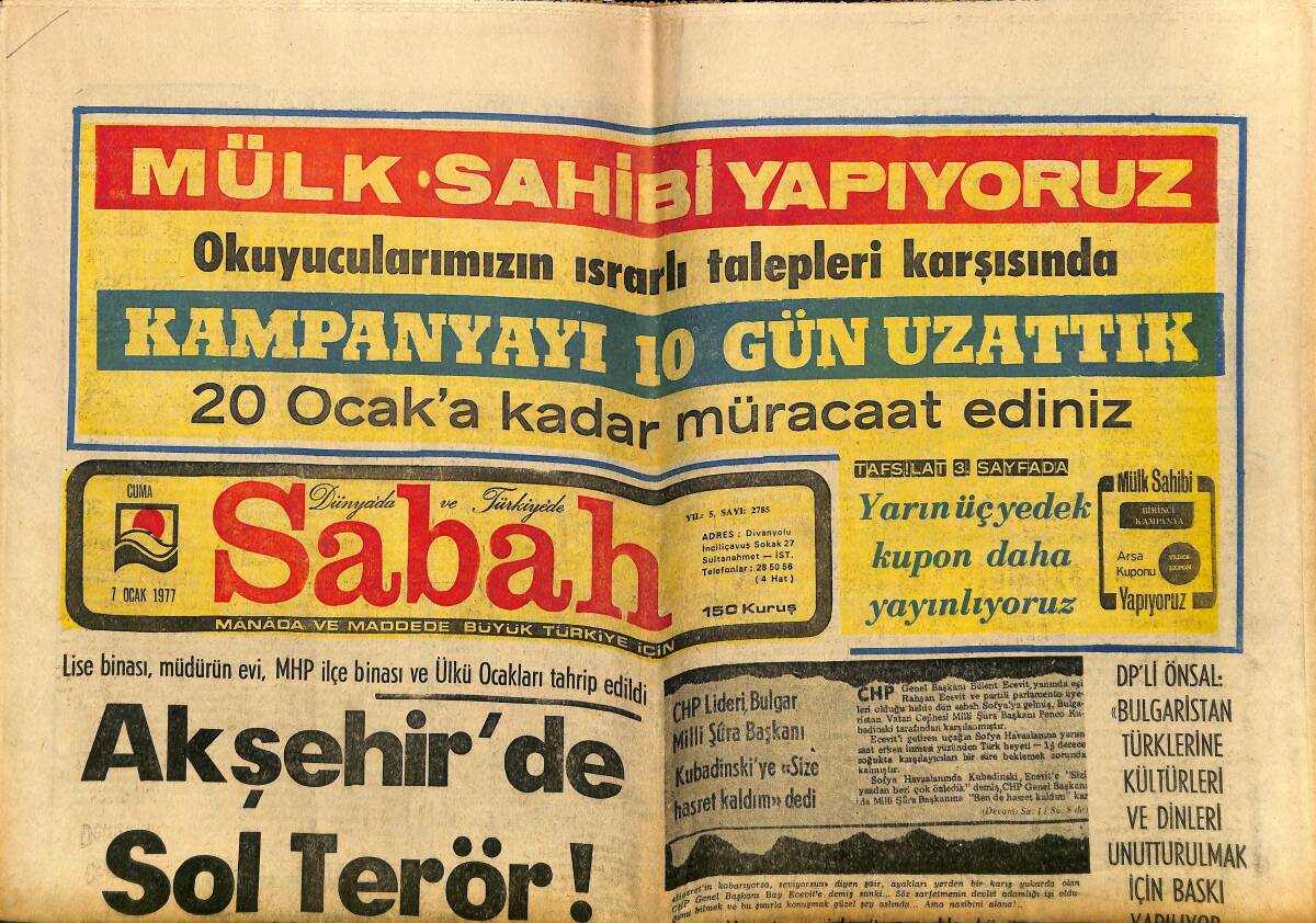 Sabah Gazetesi 7 Ocak 1977 - Akşehir'de Sol Terör ! - Bakanlar Kurulu Renault Zammı İle Anarşik Olayları Görüşecek GZ149870 - 1