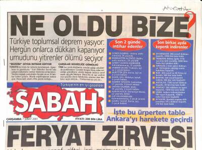 Sabah Gazetesi 7 Şubat 2001 - Halkın İsyanından Sonra Halk Zirvesi Toplanıyor Bahçeli, Ecevit, Yılmaz, İslam Çupi Öldü GZ126482 - 1