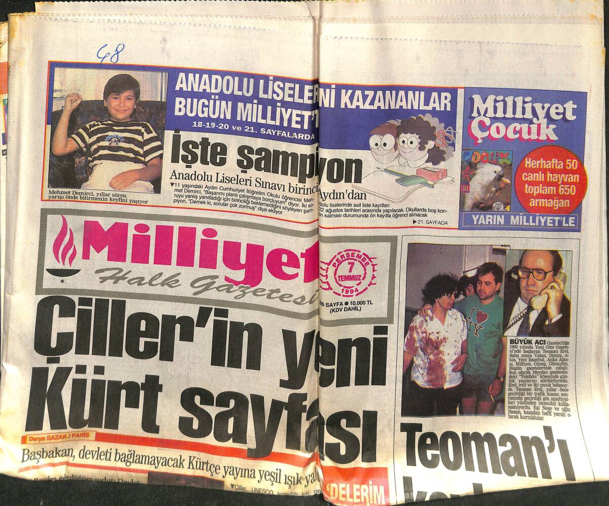 Sabah Gazetesi 7 Temmuz 1994 - Çiller'in Yeni Kürt Sayfası - Westerhof İstifa Etti GZ153023 - 1