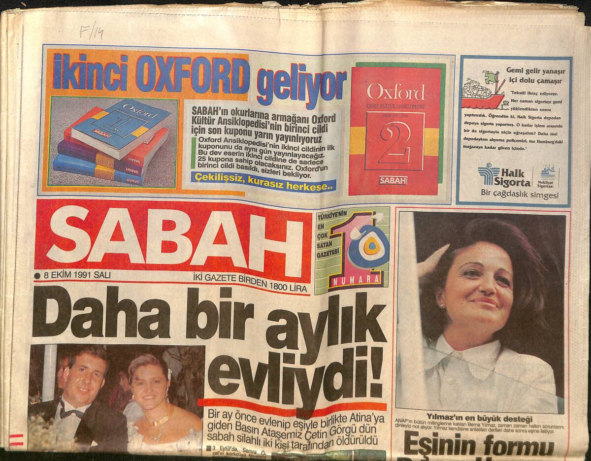 Sabah Gazetesi 8 Ekim 1991 - Özal : Bursa Sözü Vermem - Avrupa'nın En Büyük Ödülü Berdel'in GZ150320 - 1