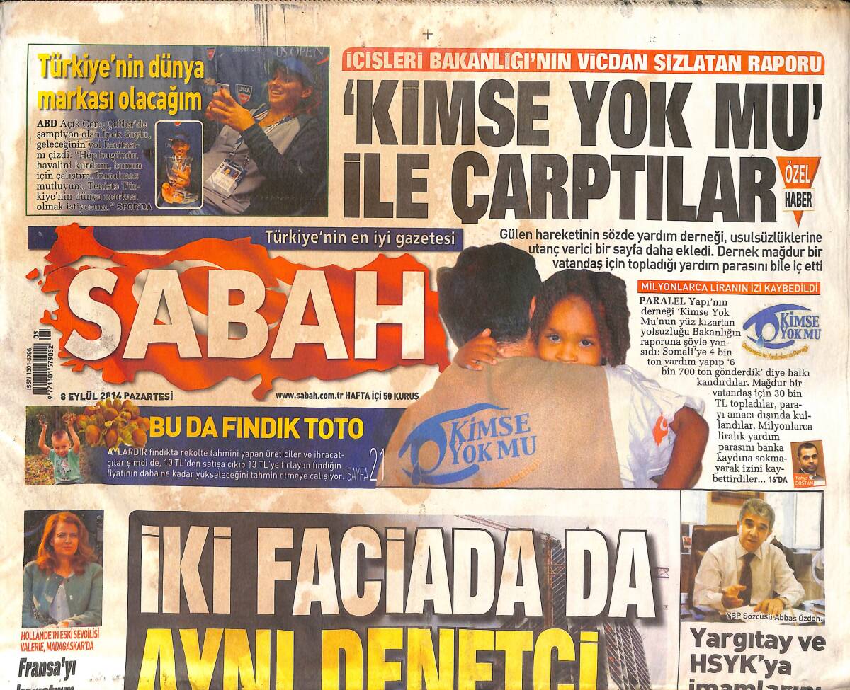 Sabah Gazetesi 8 Eylül 2014 - İçişleri Bakanlığı'nın Vicdan Sızlatan Raporu - Gökhan Zan'a Kutlama! GZ136845 - 1