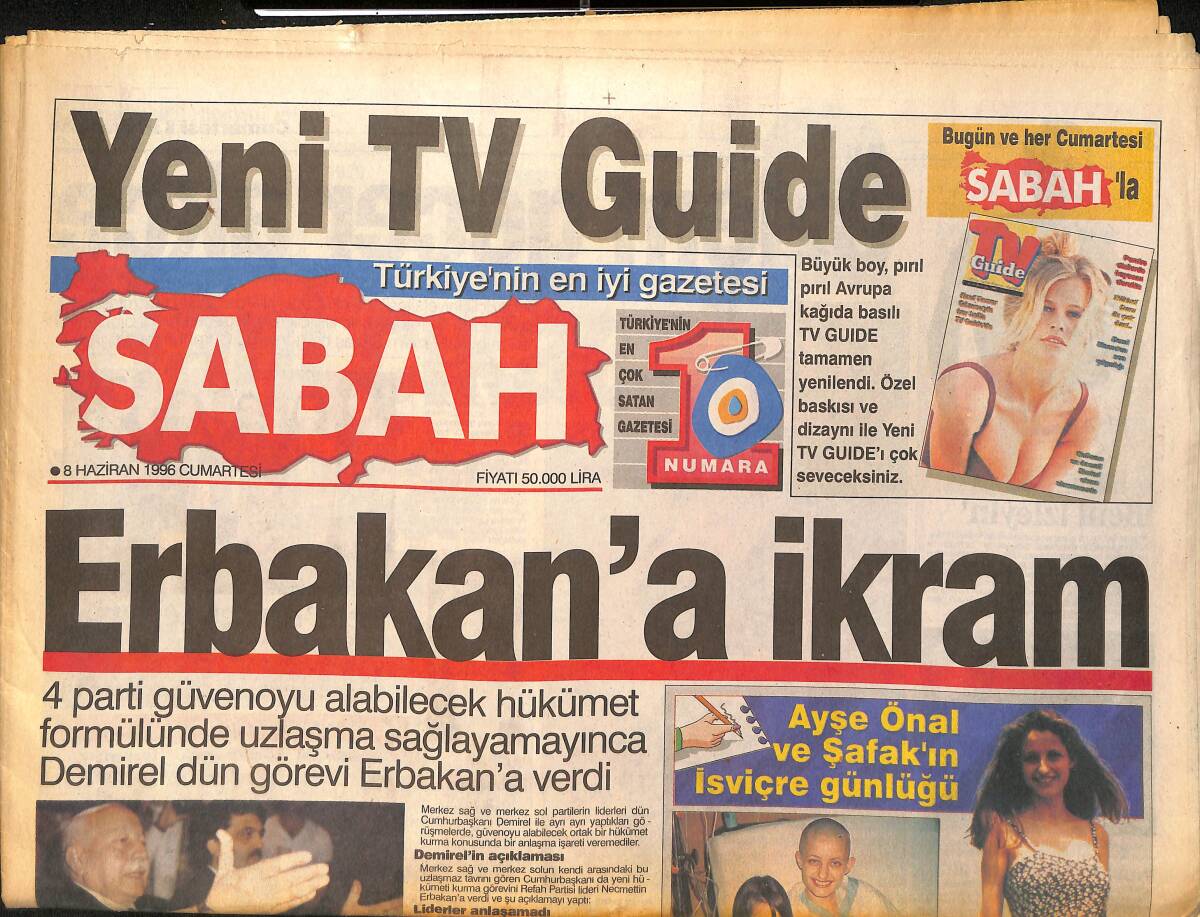 Sabah Gazetesi 8 Haziran 1996 - Linda Şaşırttı - Erbakan'a İkram GZ155447 - 1