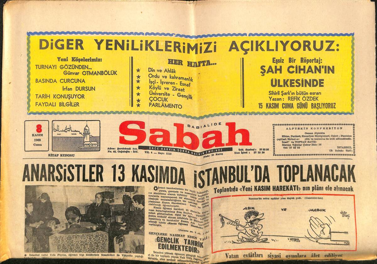Sabah Gazetesi 8 Kasım 1968 - Nixon , Nasıl Bir Politika Takip Edecek - Anarşistler 13 Kasım'da İstanbul'da Toplanacak GZ149712 - 1