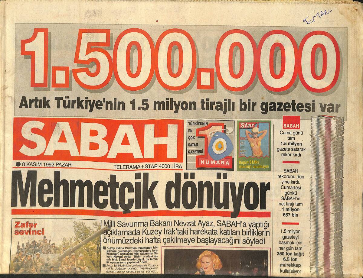 Sabah Gazetesi 8 Kasım 1992 - İbo'nun Hatır Fiyatı 20 Milyon - Samsun Fırtına Gibi GZ2644 - 1