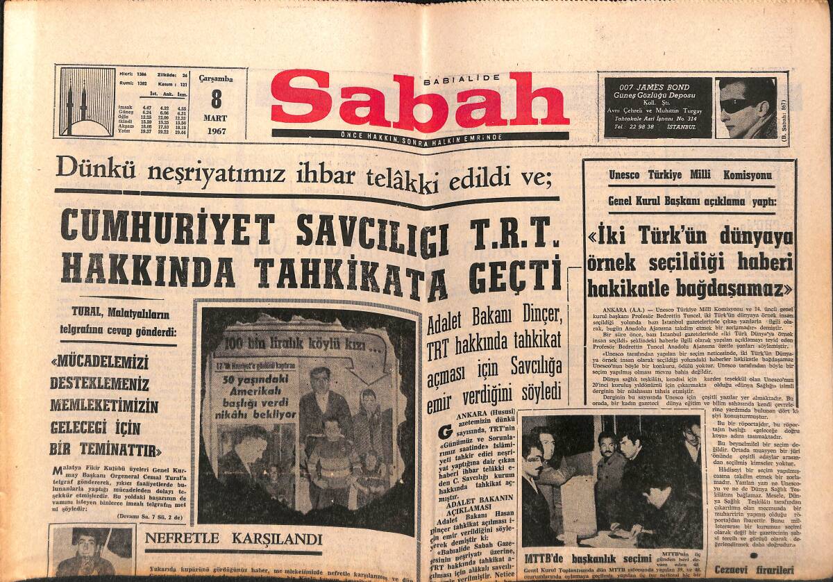 Sabah Gazetesi 8 Mart 1967 - Cumhuriyet Savcıları TRT Hakkında Tahkikat Geçti - Demirel Şap Enstitüsünü Dün Törenle Hizmete Açtı GZ149735 - 1