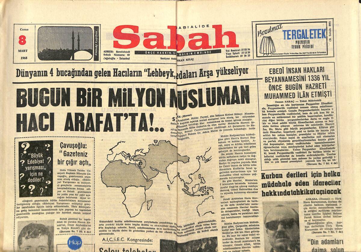 Sabah Gazetesi 8 Mart 1968 - Örek Ve Denktaş Amerika'ya Gidecek - Bugün Bir Milyon Müslüman Hacı Arafat'ta !.. GZ149854 - 1