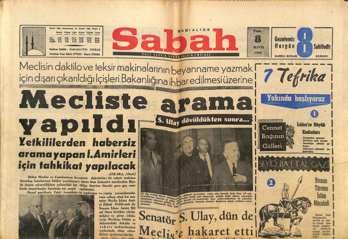 Sabah Gazetesi 8 Mayıs 1966 - S. Ulay'ın Dövülmesi 27 Mayıs'a Tecavüzmüş - Mecliste Arama Yapıldı GZ149747 - 1