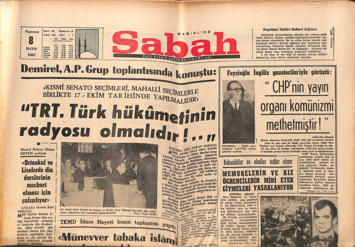 Sabah Gazetesi 8 Mayıs 1967 - Demirel'in Almanya Ziyareti Büyük Önem Taşımaktadır - Feyzioğlu İngiliz Gazetecileriyle Görüştü GZ150182 - 1