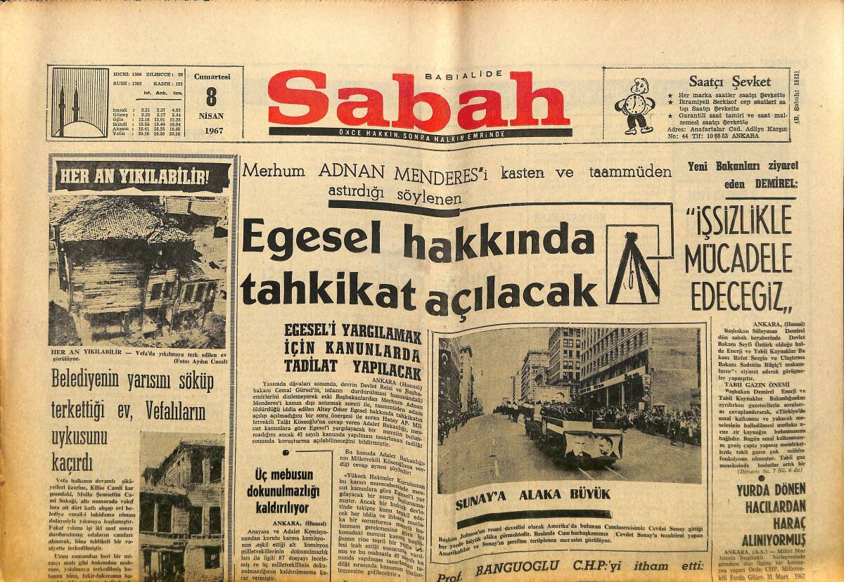 Sabah Gazetesi 8 Nisan 1967 - Egesel Hakkında Tahkikat Açılacak - Sunay'a Alaka Büyük GZ149852 - 1