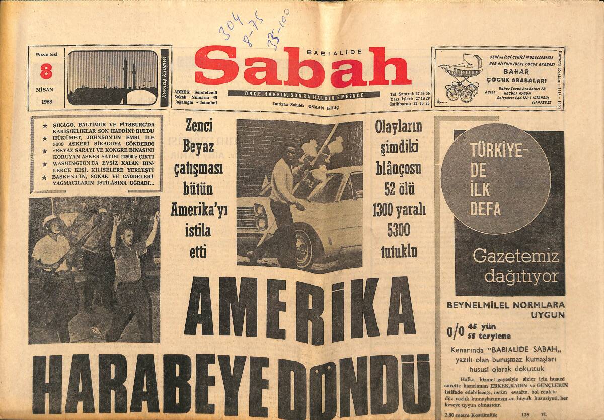 Sabah Gazetesi 8 Nisan 1968 - Amerika Harabeye Döndü - Pakistan'lı Hacıları Taşıyan Gemi Battı 75 Kişi Boğuldu GZ149705 - 1