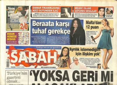 Sabah Gazetesi 8 Şubat 2009 - Bülent Ersoya Beraata Savcı İtirazı - Cihan Kamerden Ortaklık Açıklaması GZ123225 - 1