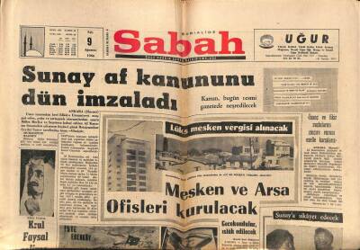 Sabah Gazetesi 9 Ağustos 1966 - Sunay Af Kanununu Dün İmzaladı GZ80724 - 1
