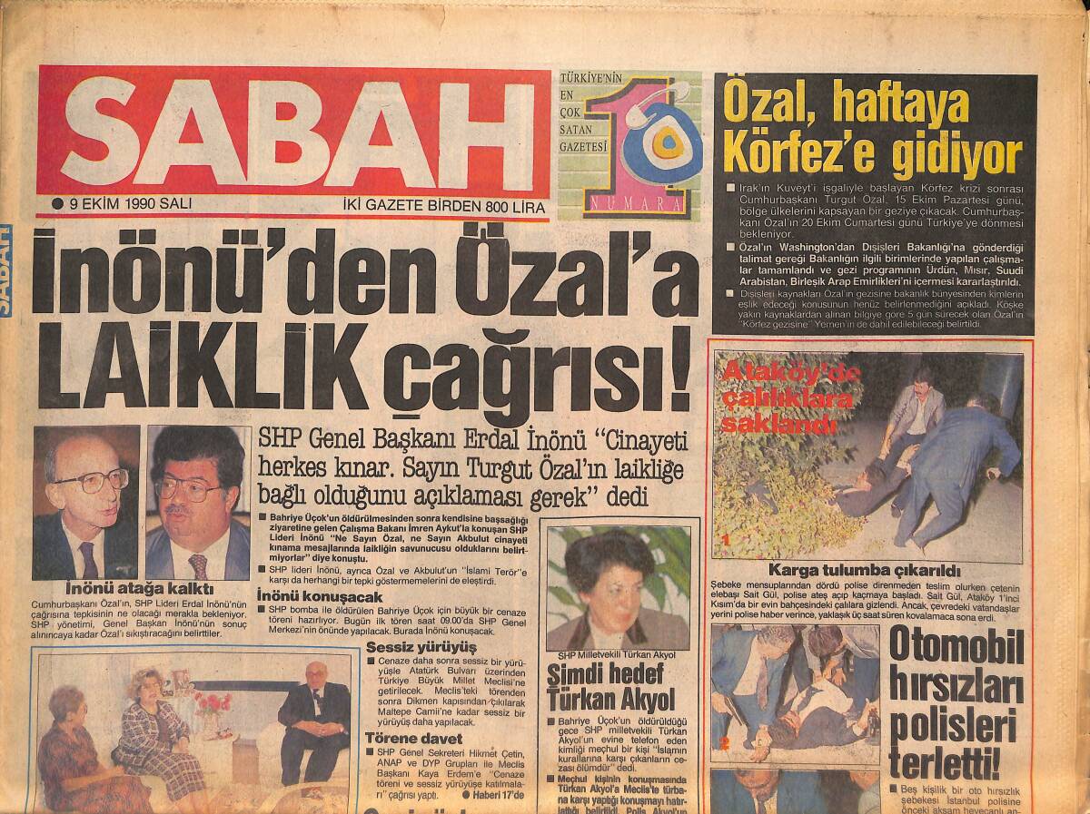 Sabah Gazetesi 9 Ekim 1990 - İnönü'den Özal'a Laiklik Çağrısı - Eski Bond'a Özel Ödül GZ132961 - 1