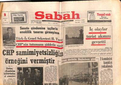 Sabah Gazetesi 9 Haziran 1969 - Türk-İş Genel Sekreteri H. Tunç CHPnin Tutumuna Şiddetle Çattı GZ109687 - 1